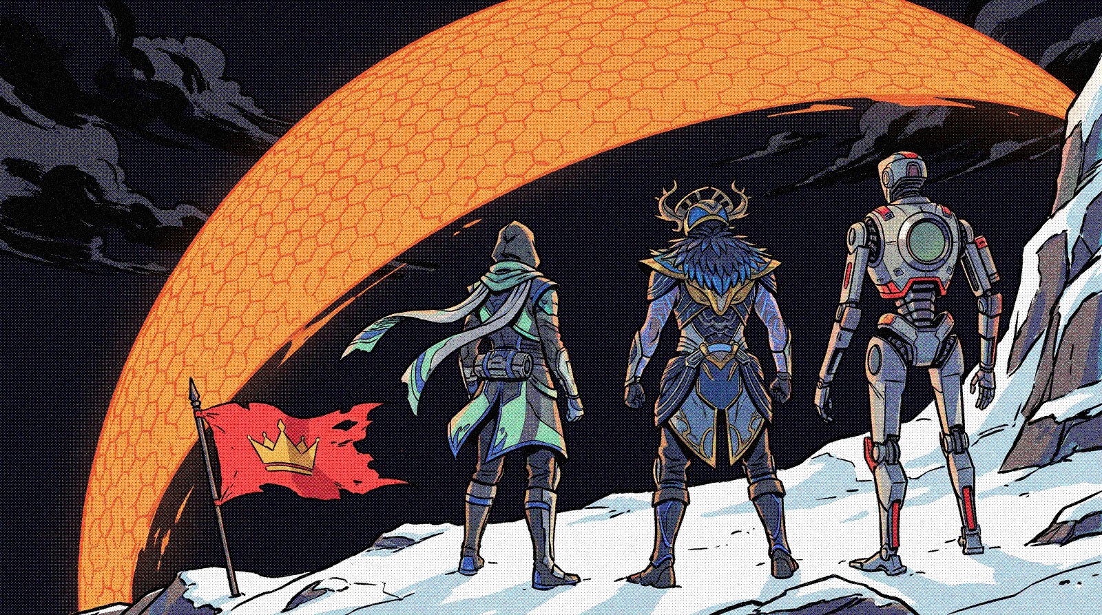 Three squadmates looking toward the next fight beneath a large orange arc
